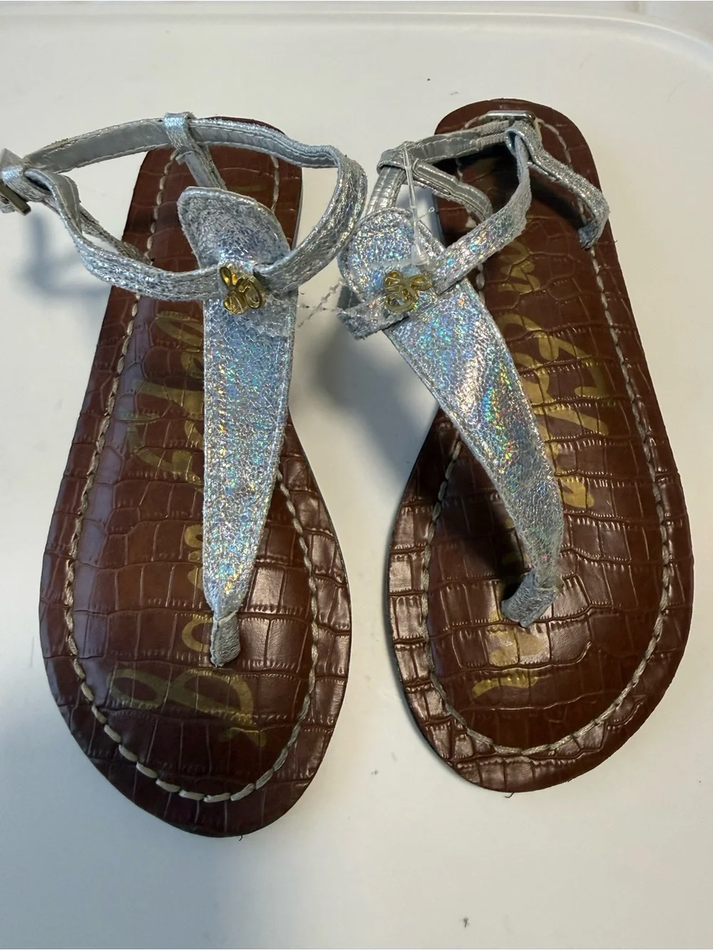 Sam Edelman Silver Glitter T-Strap Sandals